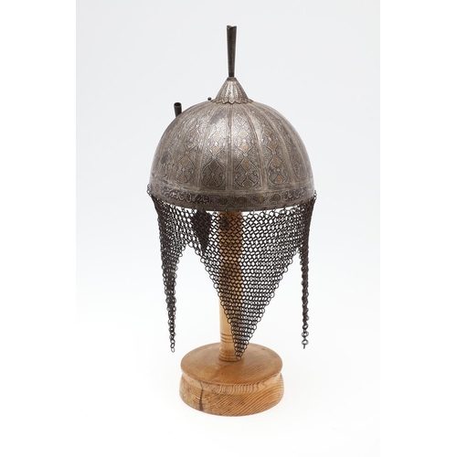 255 - A 19TH CENTURY INDO PERSIAN KULAH KHUD HELMET. With a decorative fluted bowl inlaid with scrolling s... 