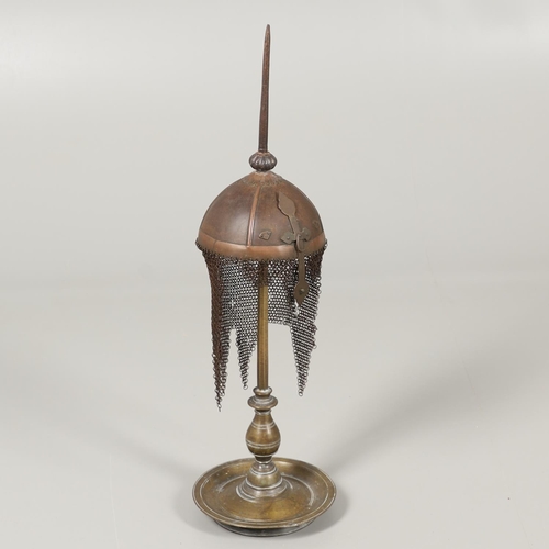 256 - A 19TH CENTURY INDO-PERSIAN KULAH KHUD HELMET. With an iron domed bowl with a 22cm spike to the top,... 