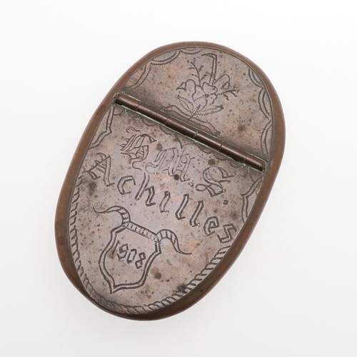 298 - A PRE FIRST WORLD WAR TOBACCO BOX FROM H.M.S. ACHILLES. A copper tobacco box of oval concave form wi... 