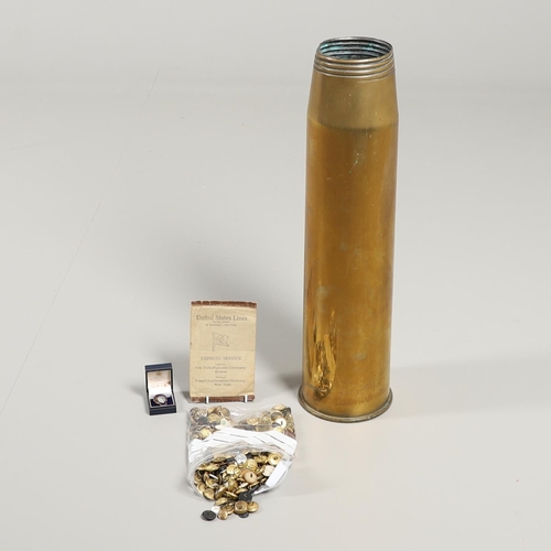 299 - A COLLECTION OF ROYAL NAVY BUTTONS AND INSIGNIA AND A LARGE SHELL CASING. A large polished brass she... 