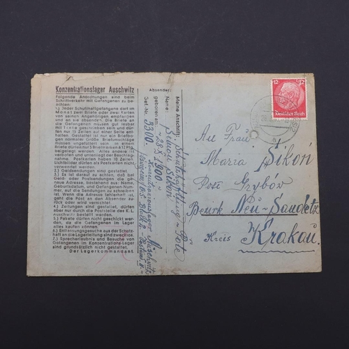 300 - AN ENVELOPE POSTED FROM AUSCHWITZ BY SIMON SIKON TO HIS WIFE IN KRAKAU. An envelope posted from Ausc... 