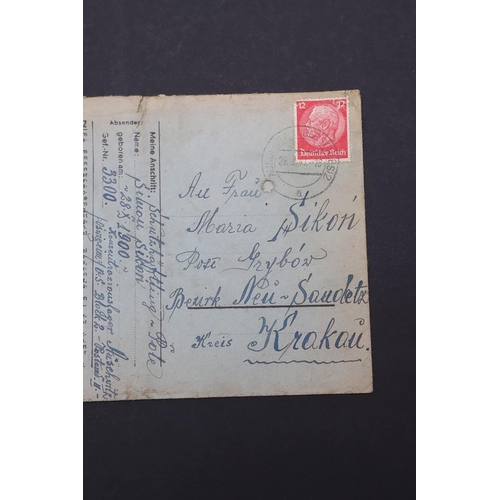 300 - AN ENVELOPE POSTED FROM AUSCHWITZ BY SIMON SIKON TO HIS WIFE IN KRAKAU. An envelope posted from Ausc... 