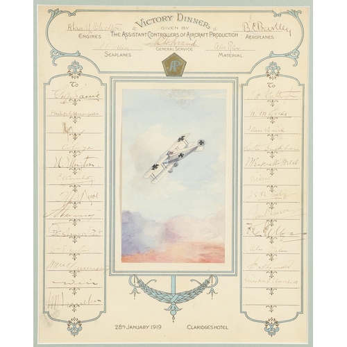 315 - A SOUVENIR CERTIFICATE FROM THE VICTORY DINNER GIVEN BY THE ASSISTANT CONTROLLERS OF AIRCRAFT PRODUC... 