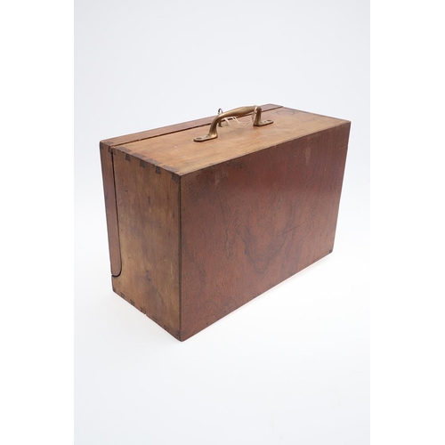 316 - A PORTABLE COLLECTORS CABINET. A wooden collectors cabinet with a brass carrying handle, the fall-fr... 