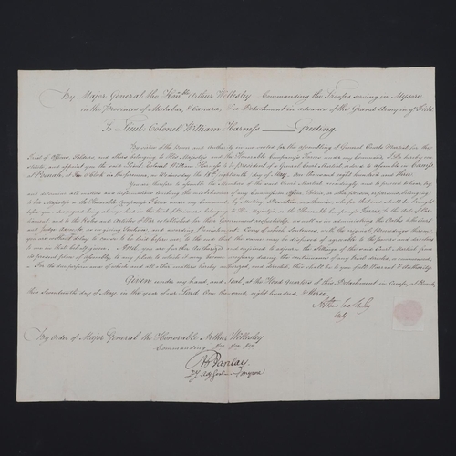 342 - WELLINGTON, ARTHUR WELLESLEY, 1ST DUKE. DOCUMENT SIGNED âARTHUR WELLESLEYâ. A WARRANT APPOINTING... 