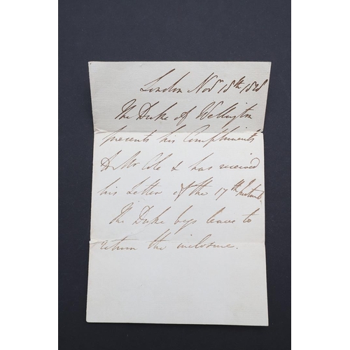 351 - WELLINGTON, ARTHUR WELLESLEY, 1ST DUKE.. AUTOGRAPH LETTER , IN THE THIRD PERSON, TO W. COLE ESQ., AT... 