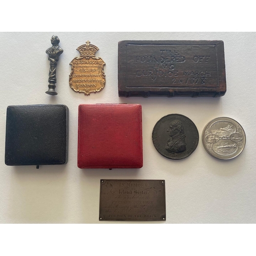 360 - A COLLECTION OF NAVAL AND SHIPPING RELATED HISTORIC MEDALS AND ARTEFACTS. A white metal medal of H.I... 