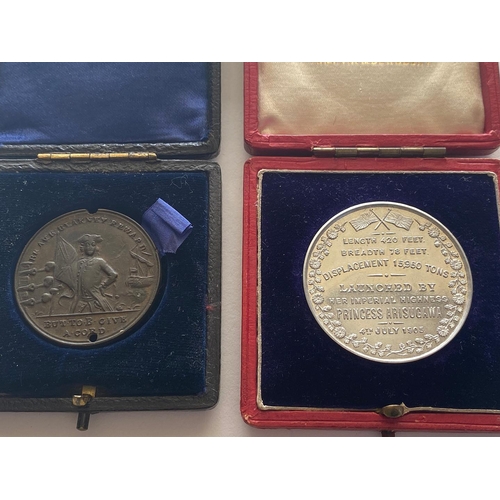 360 - A COLLECTION OF NAVAL AND SHIPPING RELATED HISTORIC MEDALS AND ARTEFACTS. A white metal medal of H.I... 