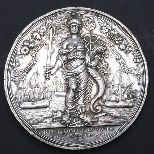 382 - THE PEACE OF BREDA, 1667. A SILVER MEDAL BY CHRISTOPHER ADOLFSZOON. A silver medal obverse 'Mitis Et... 