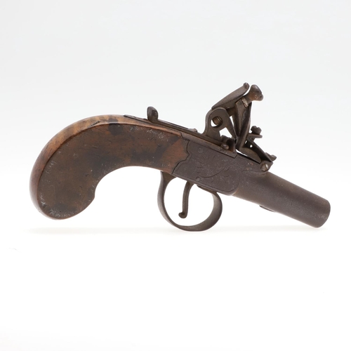 5 - A 19TH CENTURY FLINTLOCK POCKET PISTOL. A flintlock pistol with a 6cm tapering round barrel with pro... 