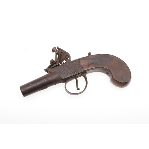 5 - A 19TH CENTURY FLINTLOCK POCKET PISTOL. A flintlock pistol with a 6cm tapering round barrel with pro... 