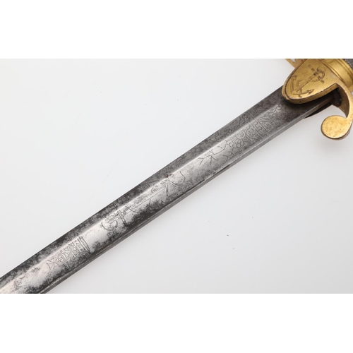 76 - AN EARLY 19TH CENTURY NAVAL OFFICER'S SWORD AND SCABBARD. With a 71cm straight pointed blade with fl... 