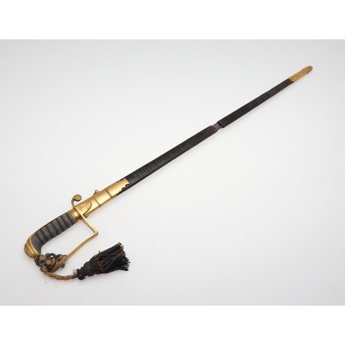 76 - AN EARLY 19TH CENTURY NAVAL OFFICER'S SWORD AND SCABBARD. With a 71cm straight pointed blade with fl... 