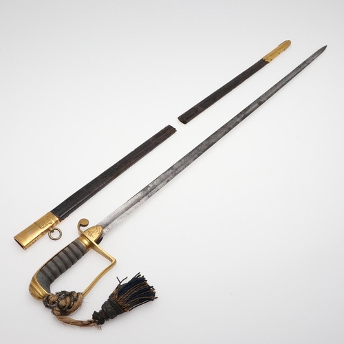 76 - AN EARLY 19TH CENTURY NAVAL OFFICER'S SWORD AND SCABBARD. With a 71cm straight pointed blade with fl... 