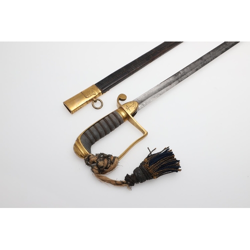 76 - AN EARLY 19TH CENTURY NAVAL OFFICER'S SWORD AND SCABBARD. With a 71cm straight pointed blade with fl... 