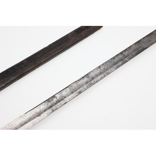 76 - AN EARLY 19TH CENTURY NAVAL OFFICER'S SWORD AND SCABBARD. With a 71cm straight pointed blade with fl... 