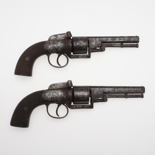8 - AN UNUSUAL PAIR OF MID 19TH CENTURY 80 BORE TRANSITIONAL REVOLVERS. With 11.5cm octagonal barrels, m... 