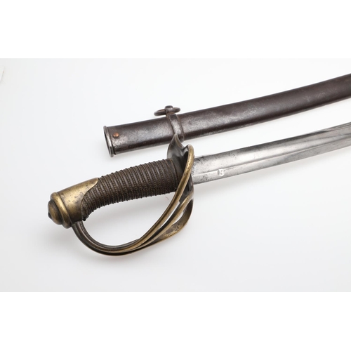 80 - A 19TH CENTURY FRENCH SABRE AND SCABBARD. With a 91cm curved blade with pointed tip and sharpened ed... 