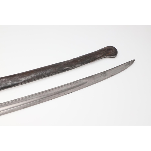 80 - A 19TH CENTURY FRENCH SABRE AND SCABBARD. With a 91cm curved blade with pointed tip and sharpened ed... 