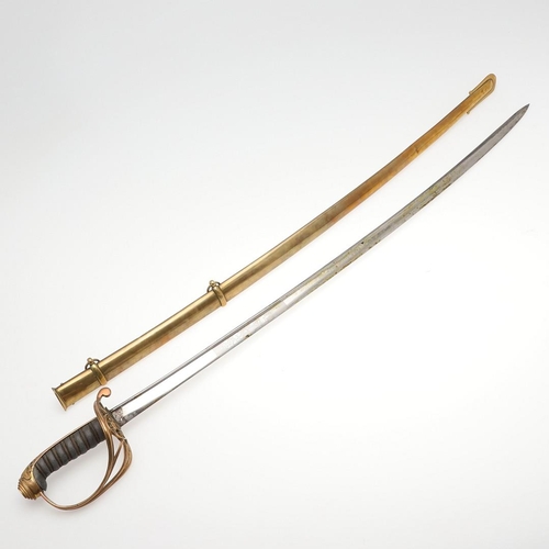 81 - A CRIMEA PERIOD 1822 PATTERN INFANTRY OFFICERS SWORD AND SCABBARD. With an 82cm pipe backed spear po... 