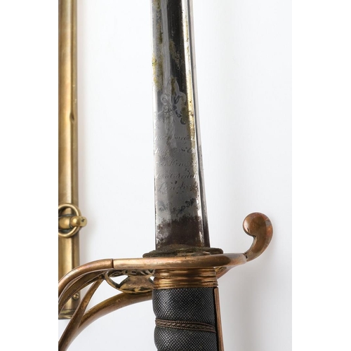 81 - A CRIMEA PERIOD 1822 PATTERN INFANTRY OFFICERS SWORD AND SCABBARD. With an 82cm pipe backed spear po... 