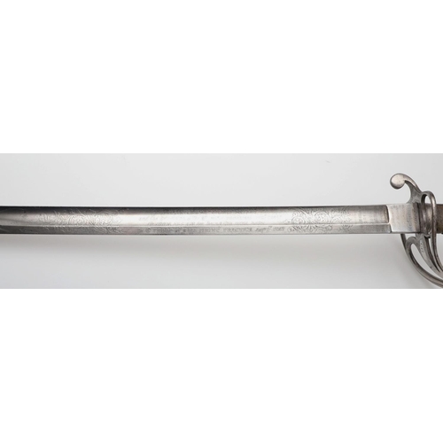 84 - A VICTORIAN PRESENTATION 1822 PATTERN SWORD AND SCABBARD. With an 89cm curved blade with spear point... 