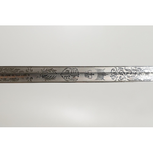 88 - AN ELIZABETH II 1912 PATTERN PRESENTATION SWORD AND SCABBARD. With an 86cm single edged pointed and ... 