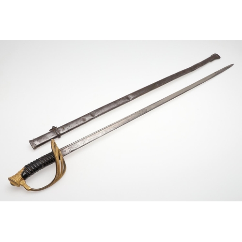 92 - A 19TH CENTURY FRENCH OR BELGIAN GILT HILTED SWORD AND SCABBARD. With a 90cm pipe-backed decorated b... 