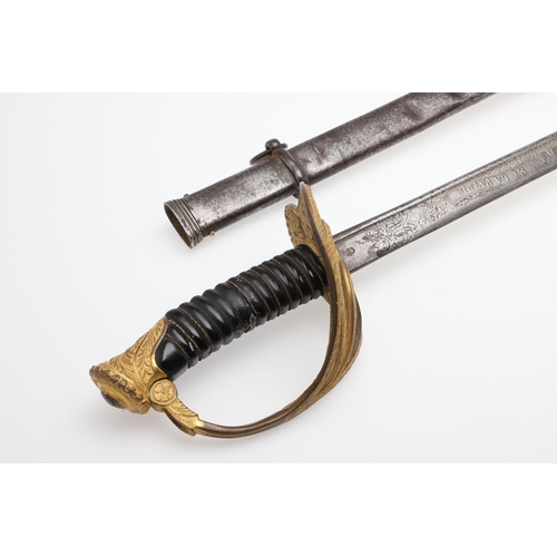 92 - A 19TH CENTURY FRENCH OR BELGIAN GILT HILTED SWORD AND SCABBARD. With a 90cm pipe-backed decorated b... 