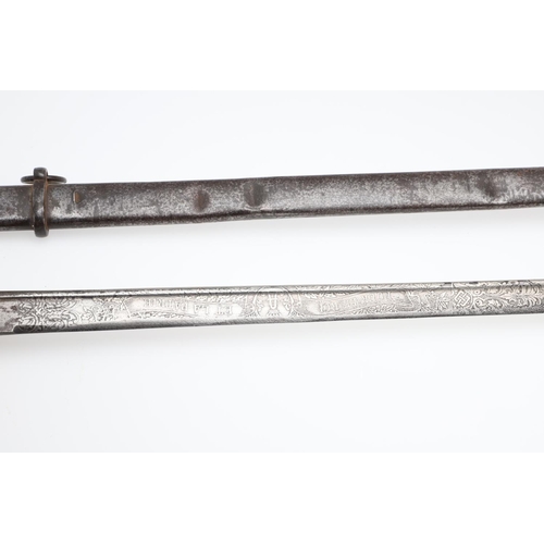 92 - A 19TH CENTURY FRENCH OR BELGIAN GILT HILTED SWORD AND SCABBARD. With a 90cm pipe-backed decorated b... 