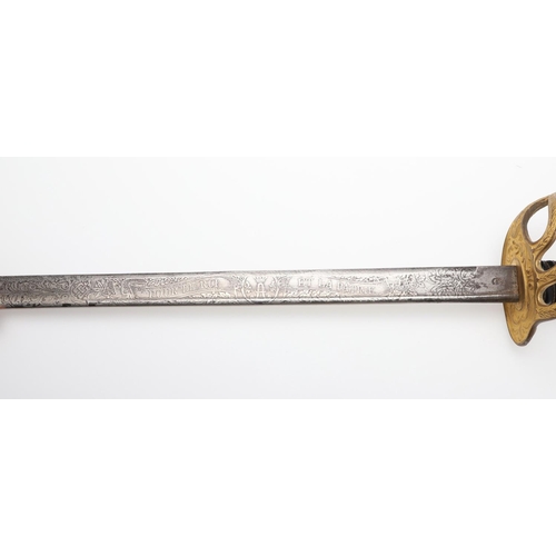 92 - A 19TH CENTURY FRENCH OR BELGIAN GILT HILTED SWORD AND SCABBARD. With a 90cm pipe-backed decorated b... 