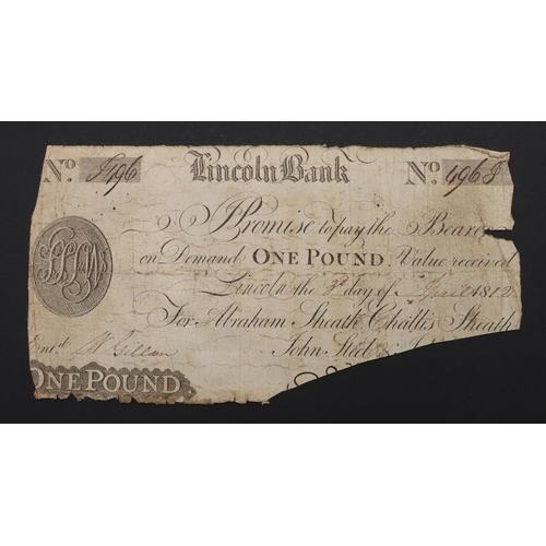 526 - TWO LINCOLN BANK BANKNOTES, 1812 AND 1813. A Lincoln Bank £1.00 note, 3rd April 1812, number 4968 fo... 