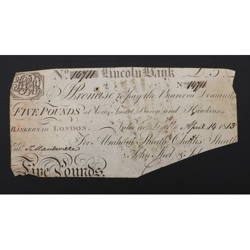 526 - TWO LINCOLN BANK BANKNOTES, 1812 AND 1813. A Lincoln Bank £1.00 note, 3rd April 1812, number 4968 fo... 