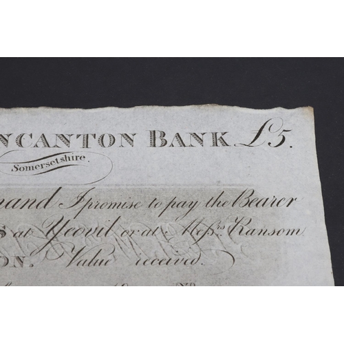 529 - A YEOVIL BANK ONE POUND BANKNOTE, 1821 AND AN UNISSUED YEOVIL AND WINCANTON Â£5.00 BANKNOTE. A Yeovi... 