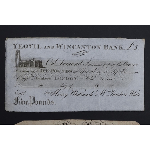 529 - A YEOVIL BANK ONE POUND BANKNOTE, 1821 AND AN UNISSUED YEOVIL AND WINCANTON Â£5.00 BANKNOTE. A Yeovi... 