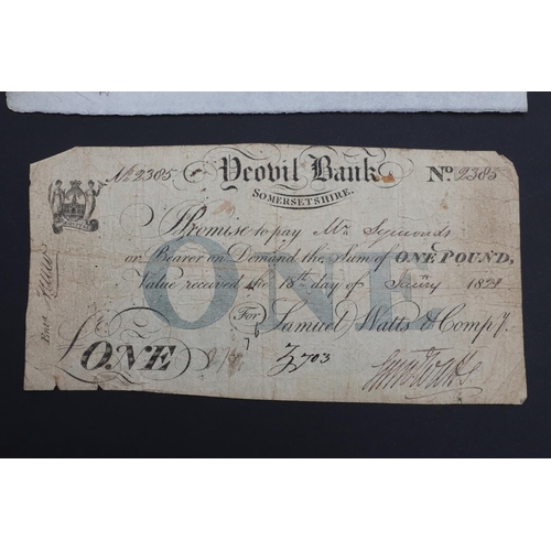 529 - A YEOVIL BANK ONE POUND BANKNOTE, 1821 AND AN UNISSUED YEOVIL AND WINCANTON Â£5.00 BANKNOTE. A Yeovi... 