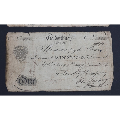 537 - A CORNISH GOLSITHNEY Â£1. BANKNOTE AND SIMILAR DORSETSHIRE AND DARTMOUTH NOTES. 1816 and 1823. A Gol... 