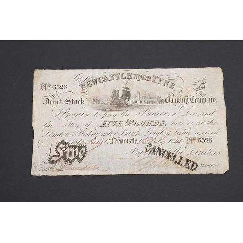 542 - A NEWCASTLE UPON TYNE Â£5. BANKNOTE, 1840, SIMILAR NOTES FOR NORTHAMPTONSHIRE, NEWARK AND NORWICH. A... 