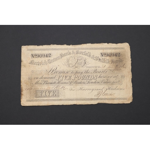 542 - A NEWCASTLE UPON TYNE Â£5. BANKNOTE, 1840, SIMILAR NOTES FOR NORTHAMPTONSHIRE, NEWARK AND NORWICH. A... 