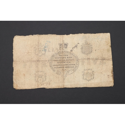 542 - A NEWCASTLE UPON TYNE Â£5. BANKNOTE, 1840, SIMILAR NOTES FOR NORTHAMPTONSHIRE, NEWARK AND NORWICH. A... 