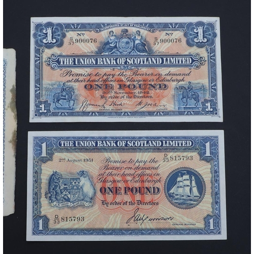 558 - A UNION BANK OF SCOTLAND FIVE POUND BANK NOTE AND TWO SIMILAR ONE POUND NOTES. A large union Bank of... 