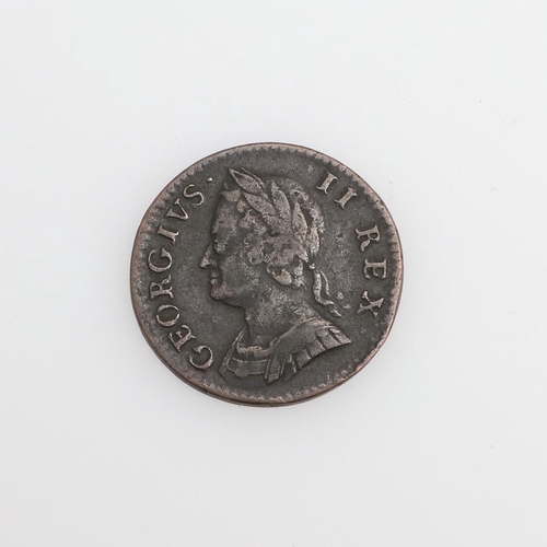 580 - A GEORGE II FARTHING, 1754. A George II Farthing, laureate and cuirassed bust l. Reverse seated figu... 