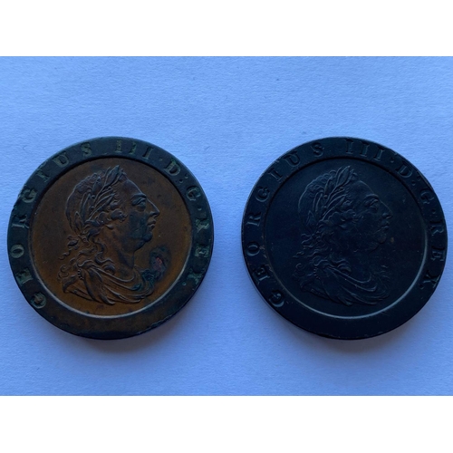 582 - TWO GEORGE III 'CARTWHEEL' 2D PIECES. A George III Twopence, laureate bust r. reverse seated figure ... 