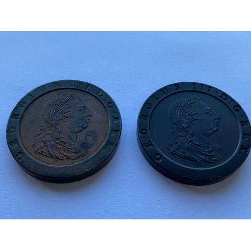 582 - TWO GEORGE III 'CARTWHEEL' 2D PIECES. A George III Twopence, laureate bust r. reverse seated figure ... 