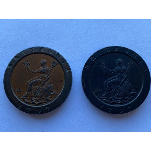 582 - TWO GEORGE III 'CARTWHEEL' 2D PIECES. A George III Twopence, laureate bust r. reverse seated figure ... 