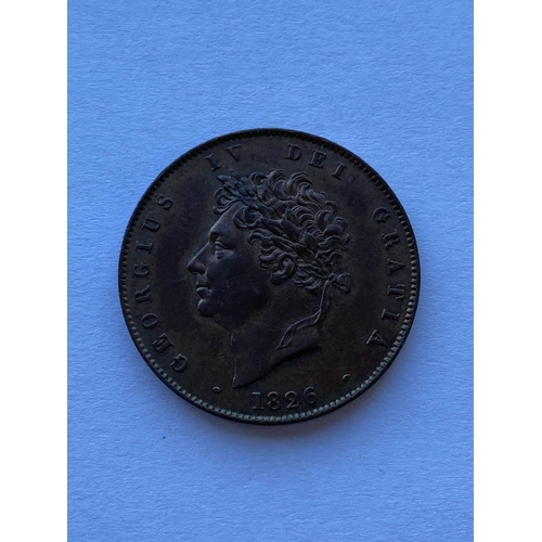 589 - A GEORGE IV HALFPENNY, 1826. A George IV halfpenny, laureate bust l. reverse seated figure of Britan... 