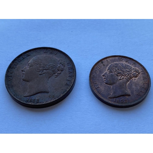 595 - QUEEN VICTORIA, PENNY AND HALFPENNY FOR 1853. A Queen Victoria Penny, young head l, reverse, seated ... 