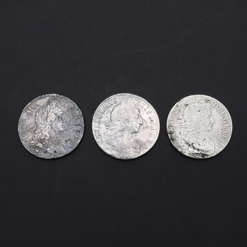 721 - A CHARLES II CROWN AND TWO WILLIAM III CROWNS. A Charles II Crown, third draped bust r, reverse with... 