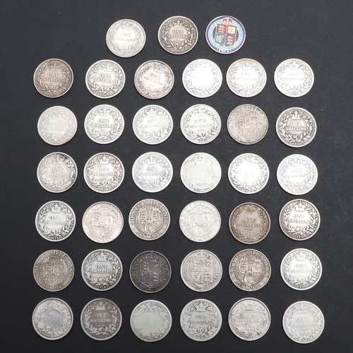 725 - A COLLECTION OF VICTORIAN SHILLINGS. Queen Victoria, Shillings for 1839, 1845, 1852, 1864, 1865, 186... 