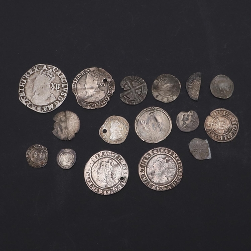 736 - A CHARLES I (1625-49) SHILLING AND OTHER HAMMERD COINS. A Charles I hammered silver shilling, crowne... 